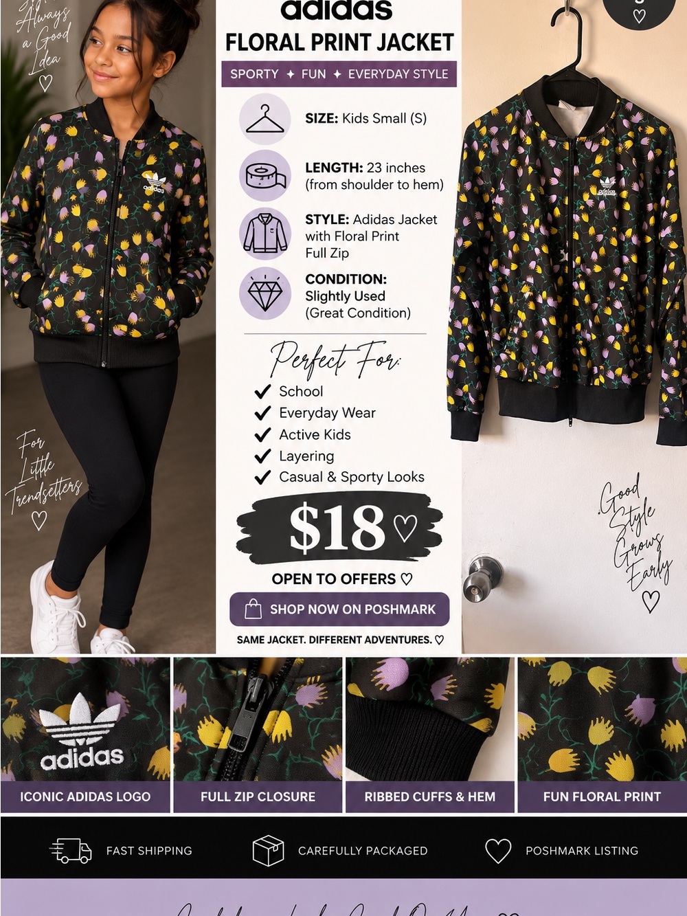 adidas Black Bomber Jacket with Yellow & Purple Floral Print